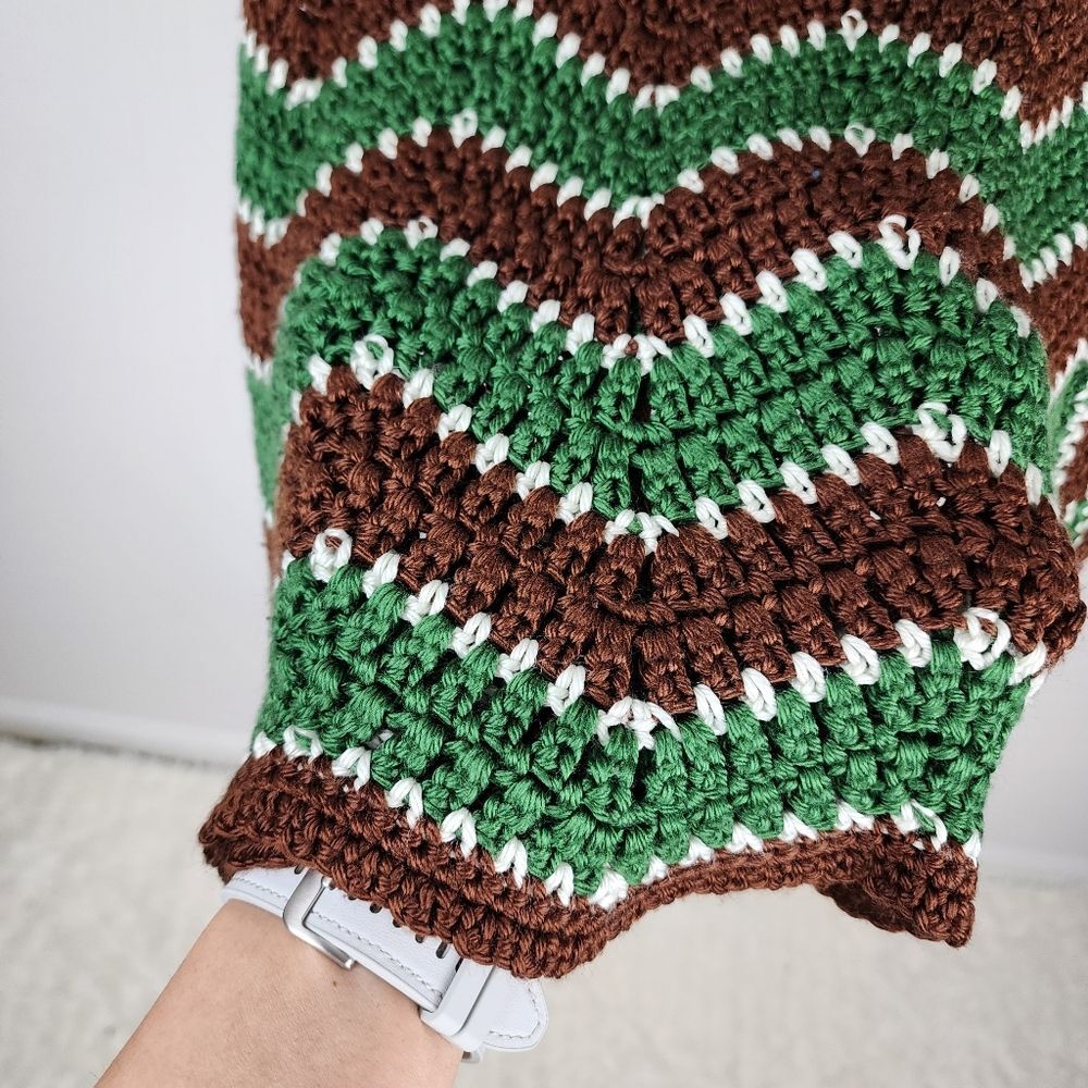 Handmade Crochet Throw Blanket Green Brown White Chevron Zigzag Scalloped Retro - Picture 8 of 16